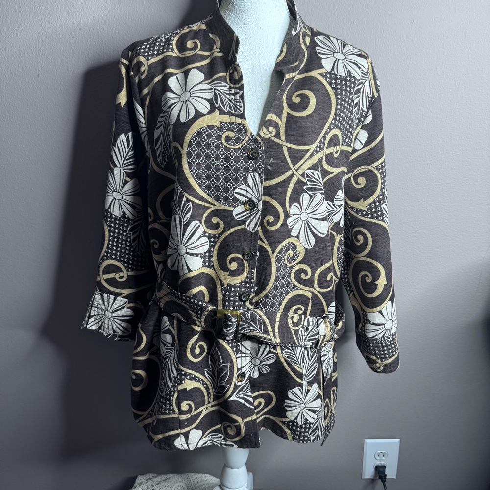 Scott Taylor 80% Silk Button Jacket/Blouse Floral Patterned Brown Cream Sz 2X